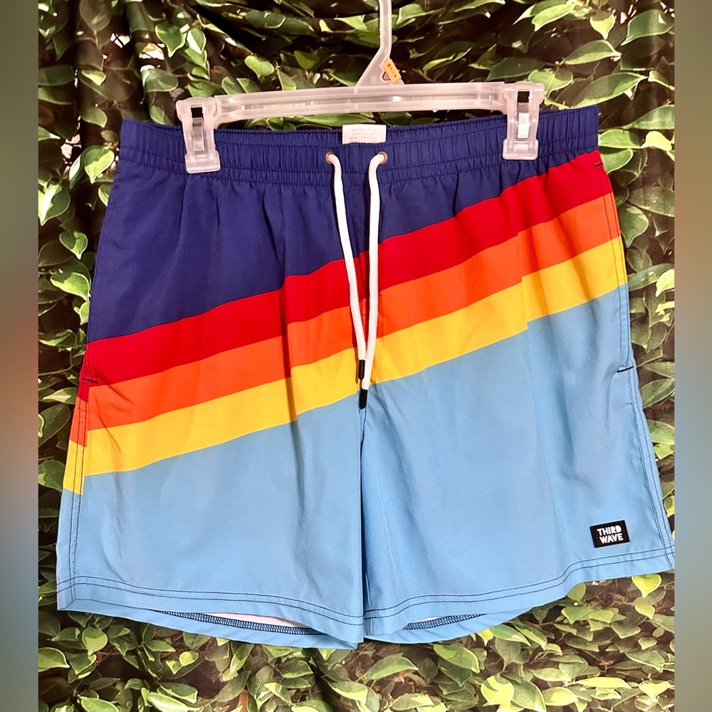 Third Wave Premium Swim Trunks Quick Dry Blue Red Striped Men’s Large
